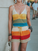 Women's Vacation-Style Multicolor Knitted Patchwork V-Neck Top And Mini Shorts Set ZMZ2177E8ZYY