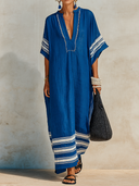 Women's Retro Vacation-Style V-Neck Short-Sleeve Cotton-Linen Printed Loose Maxi Dress ZMZ2179E7ZYY