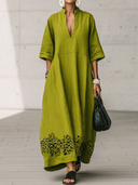 Women's Vintage Casual Openwork Hem Embroidery V-Neck Short-Sleeve Cotton-Linen Maxi Dress ZMZ2116E9ZYY