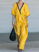 Women's Fashion Vintage-Style V-Neck, Short Sleeves, And Lace Splicing At Neckline And Cuffs Tencel-Cotton Blend Maxi Dress ZMZ2132E6ZYY