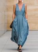 Women's Minimalist Premium Tencel Denim Sleeveless V-Neck Maxi Dress ZMZ2195E8ZYY