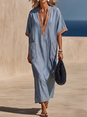 Women's Casual Retro Tencel Denim Dress — V-Neck, Short Sleeve, Embroidered, Loose-Fit Maxi Dress ZMZ2113E1ZYY