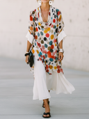 Women's Retro Casual Loose Fit, Short Sleeves, Cowl Neck, And Colorful Polka Dot Print Chiffon Midi Dress ZMZ2193E6ZYY