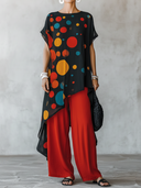 Women's Fashion Casual Outfit: Colorful Polka Dot Print Chiffon Short-Sleeve Top With Round Neckline And Cotton-Linen Wide-Leg Pants Set ZMZ2184E2ZYY