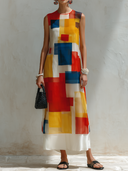 Women's Fashion & Casual Artistic Print Chiffon  Round Neck, Sleeveless, Maxi Dress ZMZ2130E2ZYY
