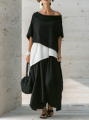 Women's Fashion Retro Cotton-Linen Two-Piece Set: Asymmetrical Off-Shoulder Short-Sleeve Top And Skirt ZMZ2197E3ZYY