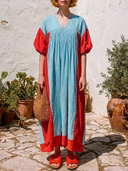 Women's Bohemian Vacation Style Linen-Cotton Color-Block Puff Sleeve V-Neck Maxi Dress ZMZ2181E6YZH