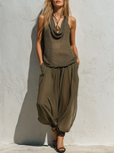 Women's Bohemian Knit Cowl Neck Sheer Tank Top & Crinkled Chiffon Harem Pants Co-ord Set ZMZ2133E8YZH