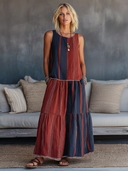 Women's Retro Loose-Fit Red & Navy Color-Block Sleeveless Top And Skirt Set ZMZ2111E3SWL