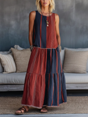 Women's Retro Loose-Fit Red & Navy Color-Block Sleeveless Top And Skirt Set ZMZ2111E3SWL