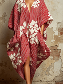 Women's Loose-Fit Striped & Floral Print V-Neck Short-Sleeve Midi Dress ZMZ2137E3XT