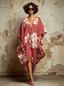 Women's Loose-Fit Striped & Floral Print V-Neck Short-Sleeve Midi Dress ZMZ2137E3XT
