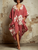 Women's Loose-Fit Striped & Floral Print V-Neck Short-Sleeve Midi Dress ZMZ2137E3XT