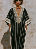 Women's Striped V-neck Printed Short-sleeved Pocket Maxi Dress ZMZ2190E4XT