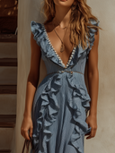 Women's Striped Print Ruffled V-Neck Sleeveless Maxi Dress  ZMZ2169E7XT