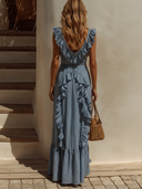 Women's Striped Print Ruffled V-Neck Sleeveless Maxi Dress  ZMZ2169E7XT