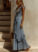 Women's Striped Print Ruffled V-Neck Sleeveless Maxi Dress  ZMZ2169E7XT