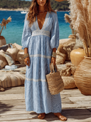 Women's Striped Printed Lace Patchwork V-neck Long-sleeved Maxi Dress ZMZ2174E0XT