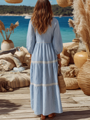 Women's Striped Printed Lace Patchwork V-neck Long-sleeved Maxi Dress ZMZ2174E0XT