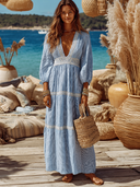Women's Striped Printed Lace Patchwork V-neck Long-sleeved Maxi Dress ZMZ2174E0XT