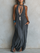 Women's Solid-Color Casual Halter-Neck Backless Maxi Dress ZMZ2159E6XT