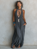 Women's Solid-Color Casual Halter-Neck Backless Maxi Dress ZMZ2159E6XT
