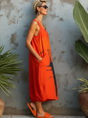 Women's Street-Style Casual Orange Patterned Sleeveless Midi Dress ZMZ2089E7SWL