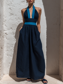 Women's Elegant Resort Style Linen-Cotton Contrast Trim Halter Neck Deep V-Neck Maxi Dress ZMZ2152E0YZH