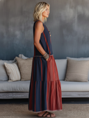 Women's Retro Loose-Fit Red & Navy Color-Block Sleeveless Top And Skirt Set ZMZ2111E3SWL