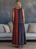 Women's Retro Loose-Fit Red & Navy Color-Block Sleeveless Top And Skirt Set ZMZ2111E3SWL