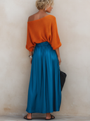 Women's Casual Chic Off-Shoulder Knit Top And Elastic-Waist Satin Skirt Set ZMZ1958E3ZYY