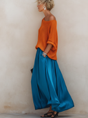 Women's Casual Chic Off-Shoulder Knit Top And Elastic-Waist Satin Skirt Set ZMZ1958E3ZYY
