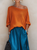 Women's Casual Chic Off-Shoulder Knit Top And Elastic-Waist Satin Skirt Set ZMZ1958E3ZYY