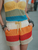 Women's Vacation-Style Multicolor Knitted Patchwork V-Neck Top And Mini Shorts Set ZMZ2177E8ZYY