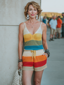 Women's Vacation-Style Multicolor Knitted Patchwork V-Neck Top And Mini Shorts Set ZMZ2177E8ZYY
