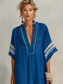 Women's Retro Vacation-Style V-Neck Short-Sleeve Cotton-Linen Printed Loose Maxi Dress ZMZ2179E7ZYY