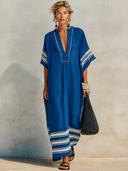 Women's Retro Vacation-Style V-Neck Short-Sleeve Cotton-Linen Printed Loose Maxi Dress ZMZ2179E7ZYY