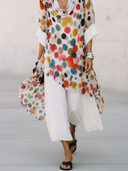 Women's Retro Casual Loose Fit, Short Sleeves, Cowl Neck, And Colorful Polka Dot Print Chiffon Midi Dress ZMZ2193E6ZYY