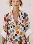 Women's Retro Casual Loose Fit, Short Sleeves, Cowl Neck, And Colorful Polka Dot Print Chiffon Midi Dress ZMZ2193E6ZYY