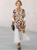 Women's Retro Casual Loose Fit, Short Sleeves, Cowl Neck, And Colorful Polka Dot Print Chiffon Midi Dress ZMZ2193E6ZYY
