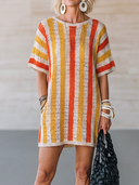 Women's Casual Vacation-Style Short Sleeve, Crew Neck, Vertical Ribbed Knit With Cutout Details Mini Dress ZMZ2174E0ZYY