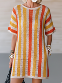 Women's Casual Vacation-Style Short Sleeve, Crew Neck, Vertical Ribbed Knit With Cutout Details Mini Dress ZMZ2174E0ZYY