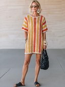 Women's Casual Vacation-Style Short Sleeve, Crew Neck, Vertical Ribbed Knit With Cutout Details Mini Dress ZMZ2174E0ZYY
