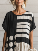 Women's Casual Retro Cotton-Linen Spliced  — Round Neck, Short Sleeve, Loose Fit, Maxi Length Dress ZMZ2153E0ZYY