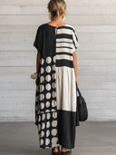 Women's Casual Retro Cotton-Linen Spliced  — Round Neck, Short Sleeve, Loose Fit, Maxi Length Dress ZMZ2153E0ZYY