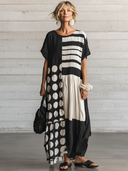 Women's Casual Retro Cotton-Linen Spliced  — Round Neck, Short Sleeve, Loose Fit, Maxi Length Dress ZMZ2153E0ZYY