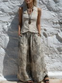 Women's Boho Floral Sketch Print Chiffon Sleeveless Shirt & Wide-Leg Pants Co-ord Set ZMZ2263E5YZH