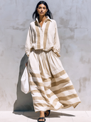 Women's Retro Casual Cotton Linen Loose Striped Long-Sleeve Shirt And Skirt Set ZMZ2261E3ZJY