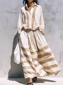 Women's Retro Casual Cotton Linen Loose Striped Long-Sleeve Shirt And Skirt Set ZMZ2261E3ZJY