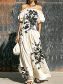 Women's Retro Casual Vacation Style Printed Ruffle Off-Shoulder Short Sleeve Maxi Dress ZMZ2289E5ZJY